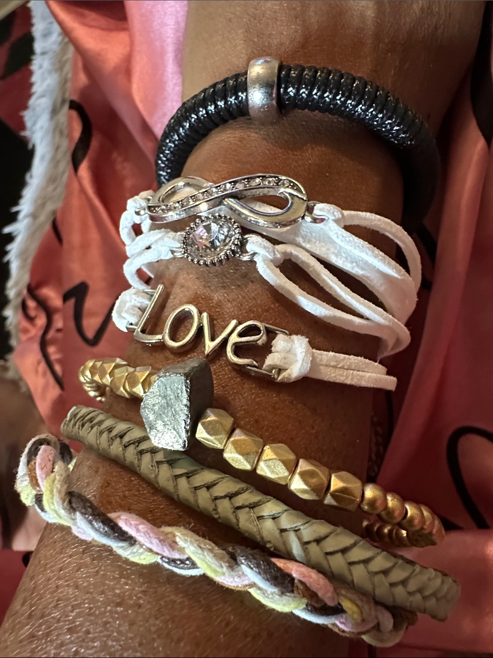 3 adjustable Multi-Strand BraceletsWhite Love'Stack Silver/breaded,Black Lea